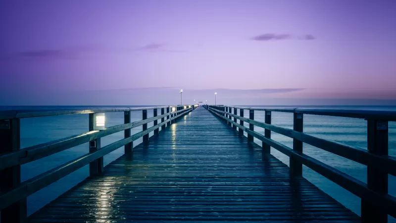 Prerow Pier, Germany, Seascape, Dusk, Purple sky, Body of Water, Baltic Sea, Sunrise, Horizon, 5K