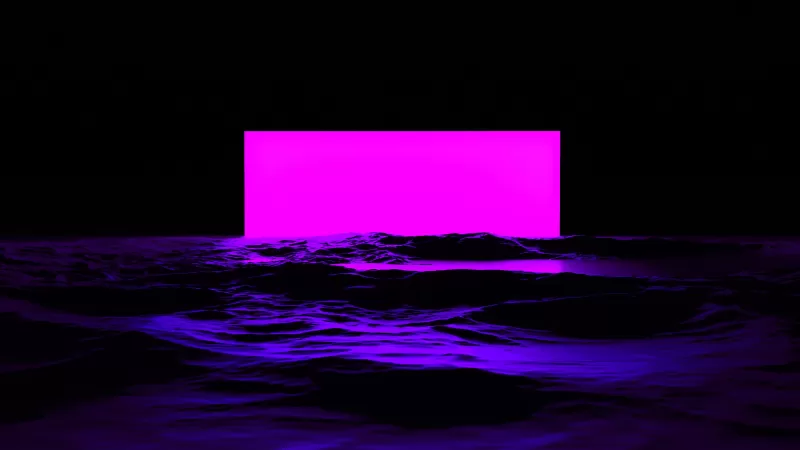 Pink light, Sea, Waves, 3D, Black background, Digital render, Illustration