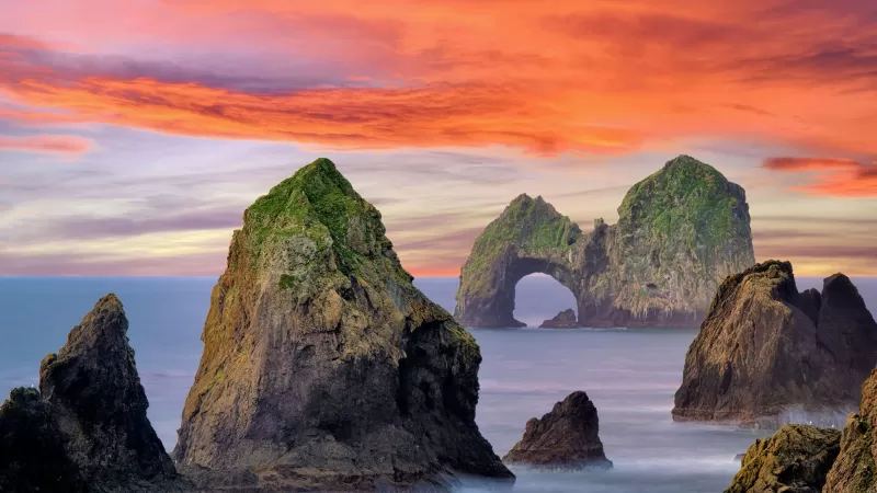 Mack Arch Rock, Rock formations, Pacific coast, Coastline, Oregon, USA, Rocks, Ocean, Sunrise, 5K