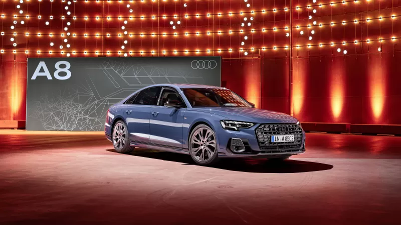 Audi A8 quattro S line wallpaper, Blue luxury sedan, Red lights, 2021