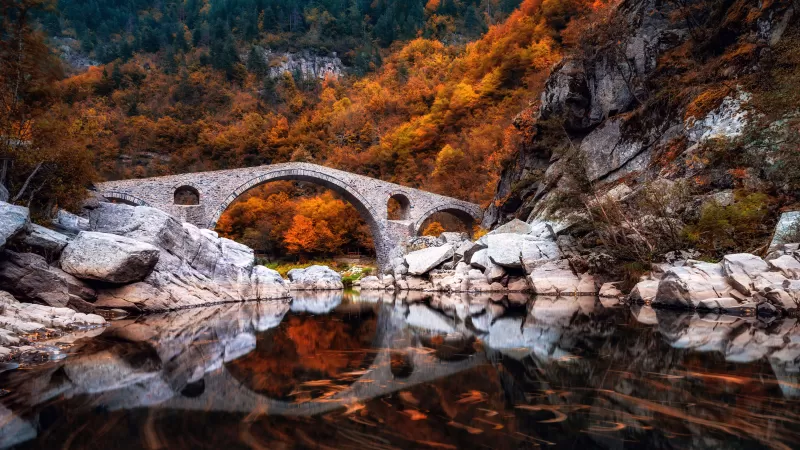 Devil's Bridge, Bulgaria, Autumn arch reflection, 5K wallpaper