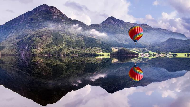 Hot air balloon, Mountain View, Lakeside, Reflection, Body of Water, Landscape, Scenery, 5K