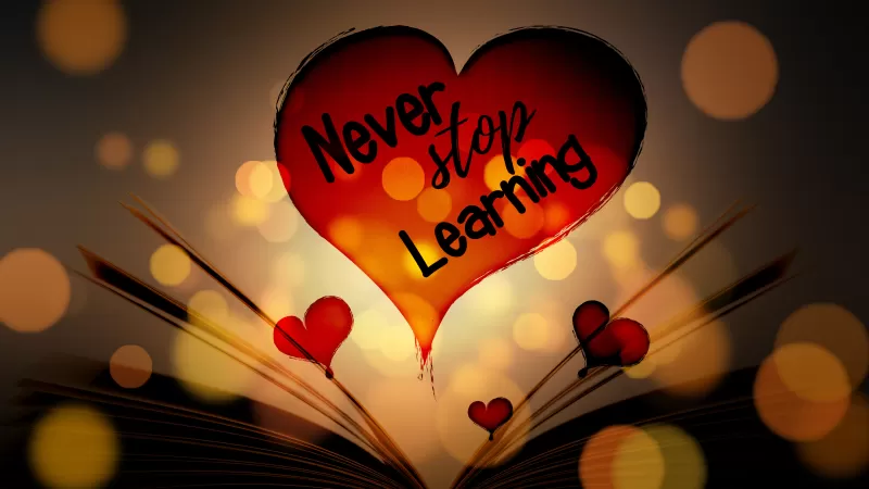 Never Stop Learning, Red hearts, Book, Love, Bokeh, 5K