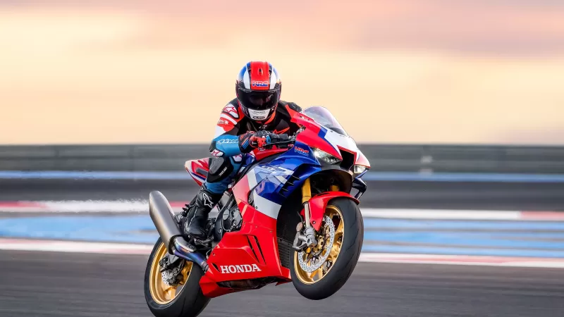 Honda CBR1000RR-R Fireblade SP, Wheelie, Rider, Race track, Sunset sky, 4K wallpaper