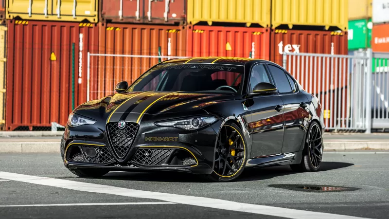 Manhart QV600 wallpaper, Alfa Romeo Giulia Quadrifoglio, Black and gold, Shipping containers