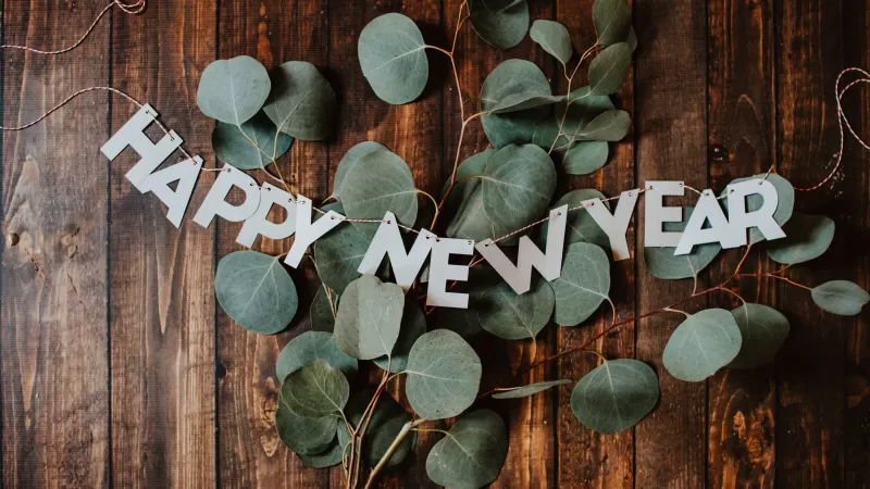 Happy New Year, Banner, Leaves, Wooden background, 5K