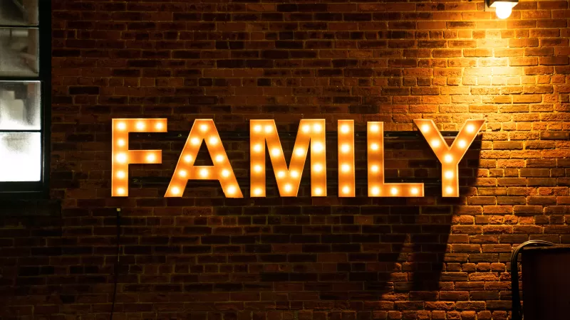Family, Marquee Sign, Brick wall, Wall Decorations, Light Backgrounds, 5K, 8K