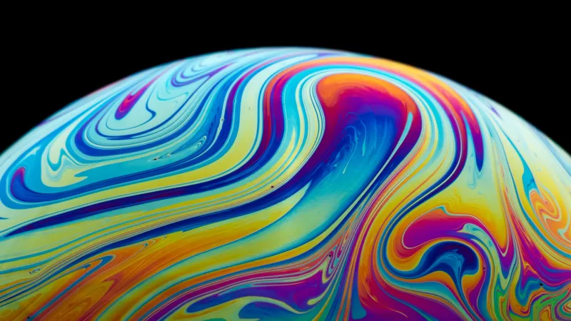 Soap bubble macro wallpaper, Rainbow swirls, Black background