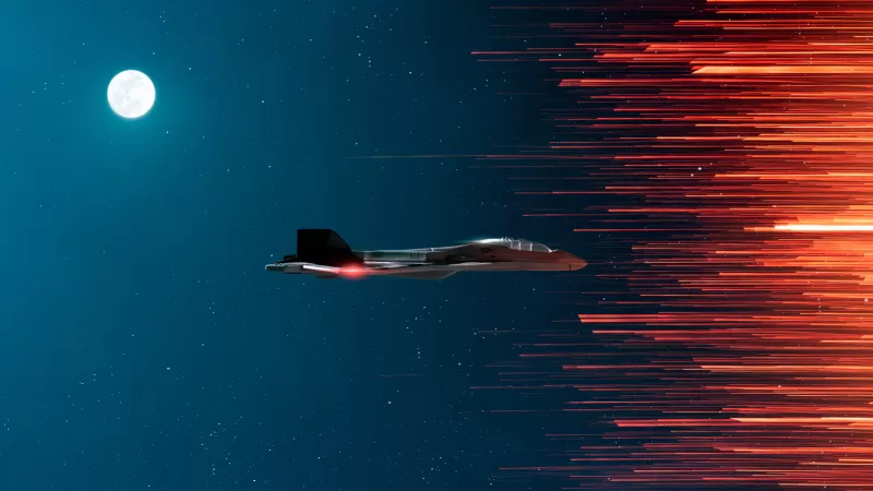 Fighter jet in space wallpaper, Full moon, Orange teal