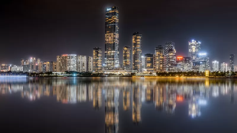 Shenzhen Bay, Hong Kong, City Skyline, Skyscrapers, Night time, Cityscape, City lights, Body of Water, Reflection, 5K