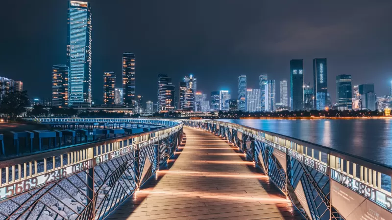 Shenzhen, Wooden pier, Shenzhen Bay, Cityscape, Skyline, Waterfront, Port, City lights, 5K