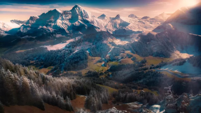 Swiss Alps, Winterscape, Snow mountains, Adelboden, Switzerland, Morning sun, Sun light, Landscape, Scenery, 5K