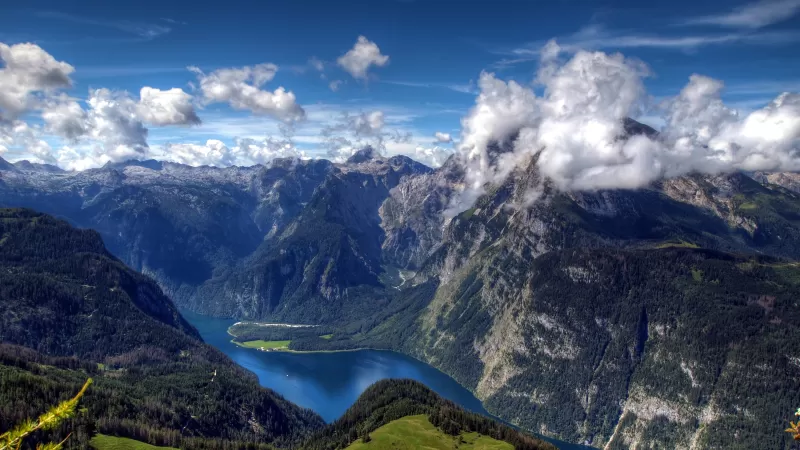 Königssee Lake, Germany, Bavarian Alps, White Clouds, Mountain range, Top View, Summer mountains, Landscape, Scenery