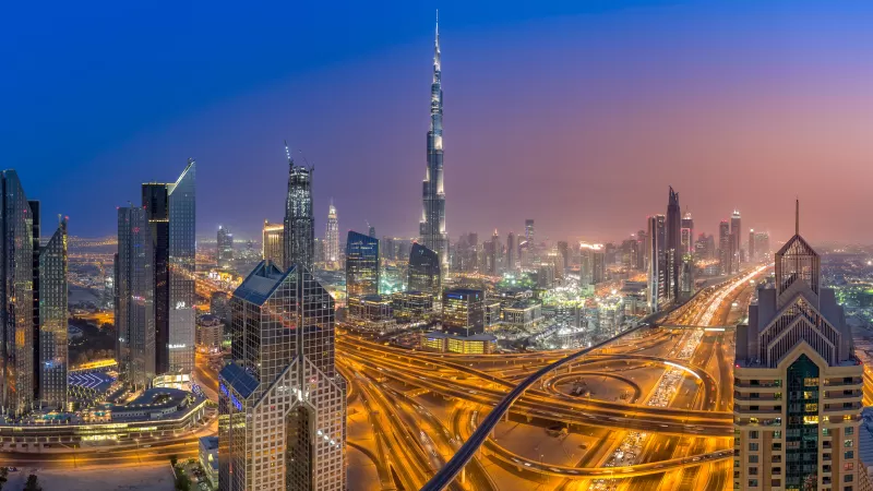 Burj Khalifa, Sheikh Zayed Road, Dubai, Cityscape, Night, City lights, Long exposure, Buildings, Skyscrapers, Dusk, 5K