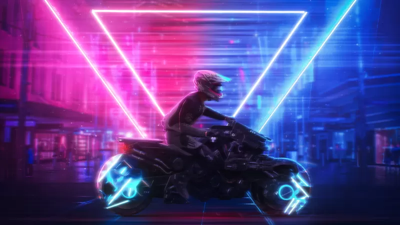 Motorcycle, Cyberpunk 2077, Neon art, Neon Lights, Triangles, Game Art, Fast bikes, Cover Art