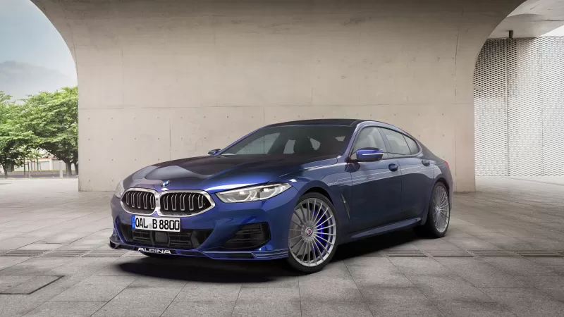 BMW Alpina B8 Gran Coupé wallpaper, Blue, Concrete arch, 2022