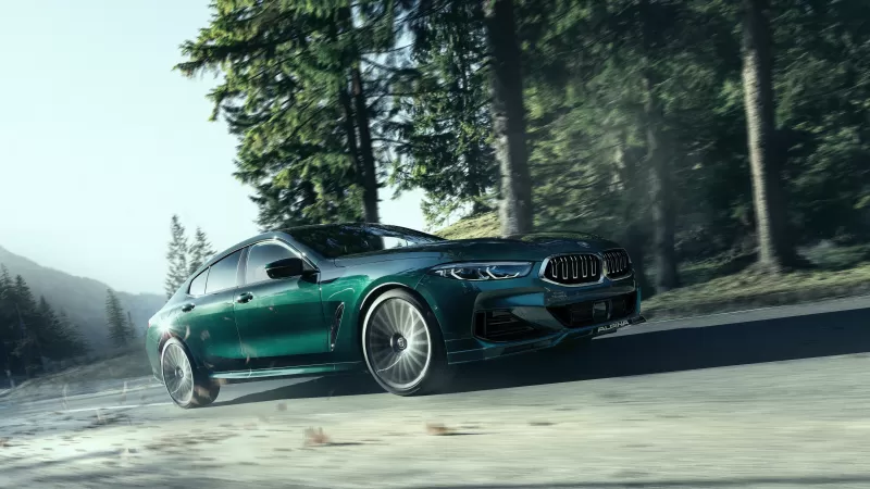 BMW Alpina B8 Gran Coupé, Green, Mountain forest road, 2022 wallpaper