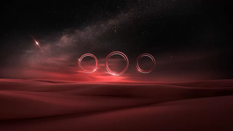 Glowing rings wallpaper, Red desert night, Starry sky