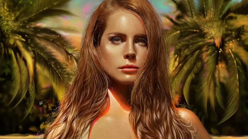Lana Del Rey, Portrait, Palm trees, Digital painting wallpaper, American singer
