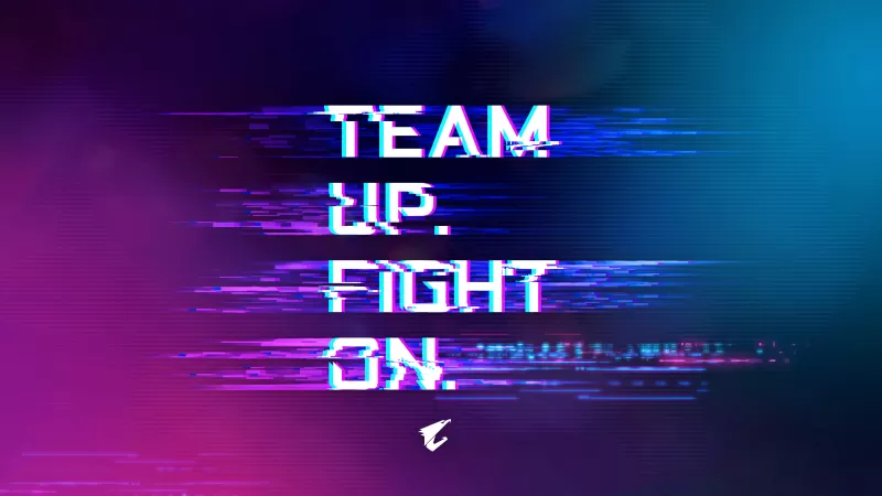 Team up Fight on, Gigabyte AORUS Gaming, Cyberpunk, Typography, Gradient background, Glitch art, Neon typography