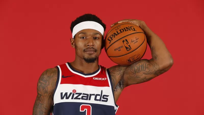 Bradley Beal, Basketball player, Red background, NBA, Washington Wizards, Spalding, 4K