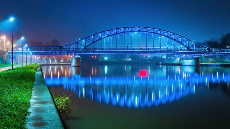 Piłsudski Bridge wallpaper, Kraków, Blue night lights