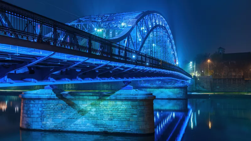 Piłsudski Bridge, Kraków, Vistula at night, 4K wallpaper