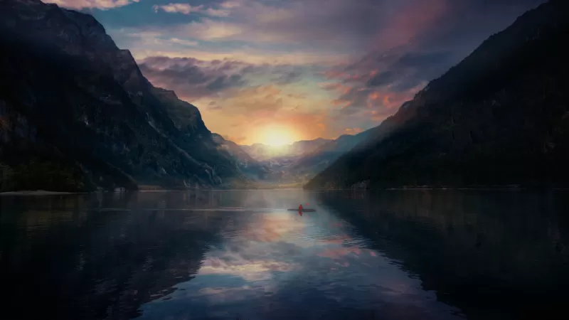 Sunrise, Alone, Mountains, Morning, Reflection, Lake, Switzerland, 5K