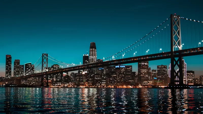 Brooklyn Bridge, New York, Cityscape, Night time, City lights, Skyline, Body of Water, Clear sky, Skyscrapers