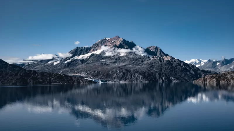 Mount Copper, Lamplugh Glacier, Glacier Bay National Park, Alaska, Famous Place, Clear sky, Body of Water, Reflection, Landscape, Mountain range, 5K, 8K
