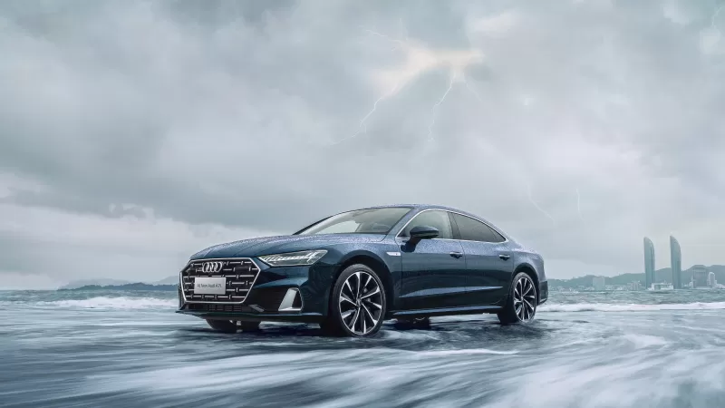 Audi A7L 55 TFSI quattro, Stormy sea, Lightning, Luxury sedan, 2022 wallpaper