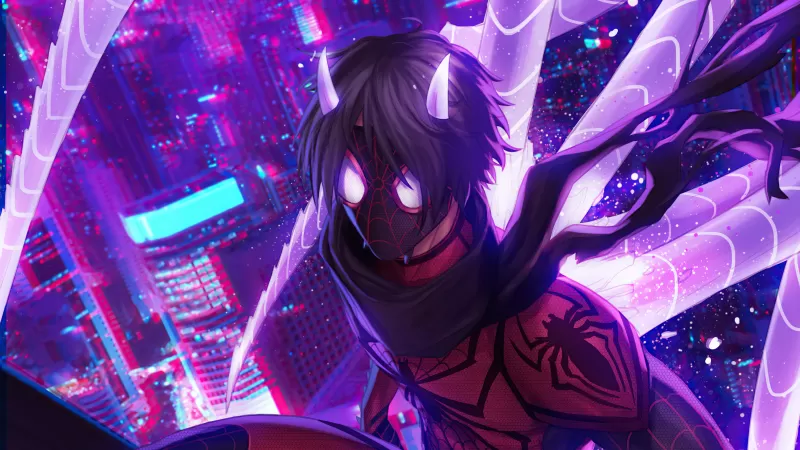 Spider-Man wallpaper, Demon spider, Anime style, Purple aesthetic, Neon city