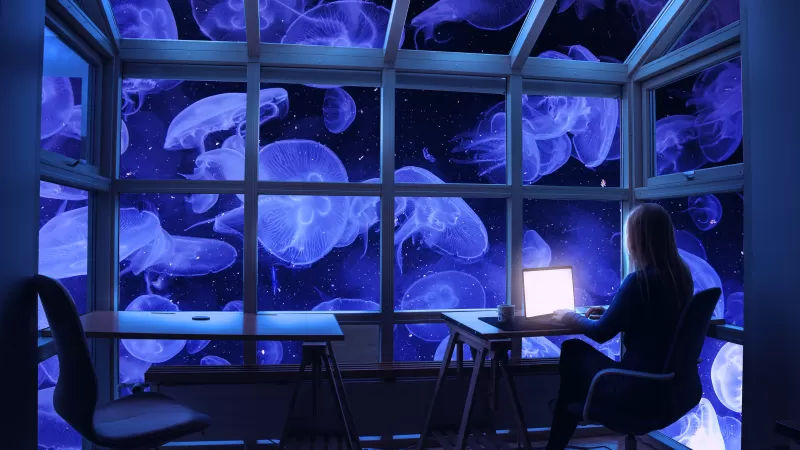 Jellyfishes, Underwater, Woman, Working, Work from Home, Window, Laptop, Surreal, Desk, 3D background, Ocean