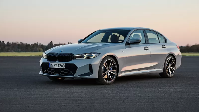 BMW 330i M Sport wallpaper, BMW 3 Series, Silver sedan, Pink dusk, 2022