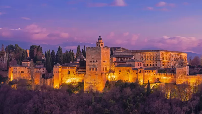 Alhambra wallpaper, Granada, Purple dusk