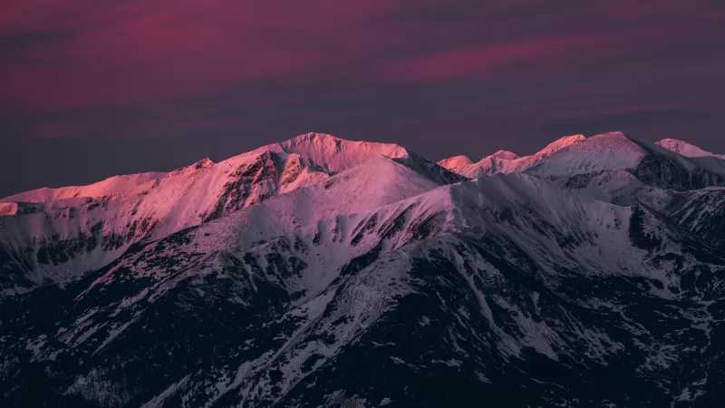 Mountains, Pink sky, Twilight, Sunset, Dusk, Snow covered, Evening, 5K