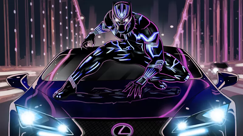 Black Panther, Lexus LC 500, Digital Art, Neon art, Marvel Superheroes, 5K