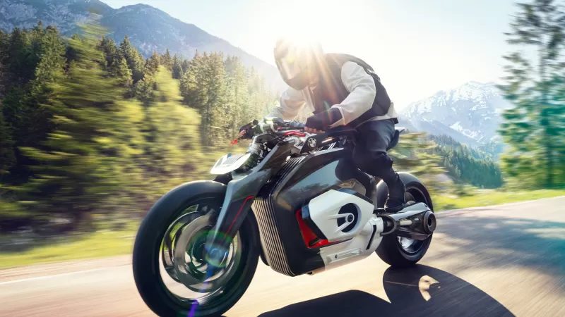 BMW Motorrad Vision DC Roadster wallpaper, Electric concept bike, Mountain road, Rider