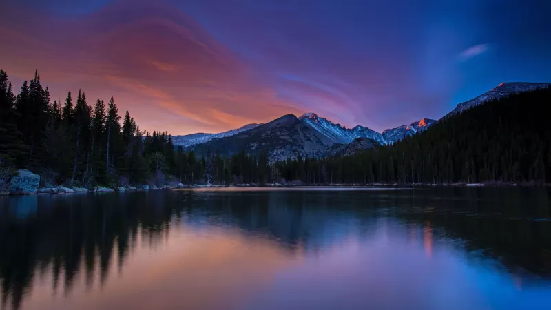 Bear Lake, Rocky Mountain National Park, Sunset, Reflection, Forest, Landscape, Colorado, 5K