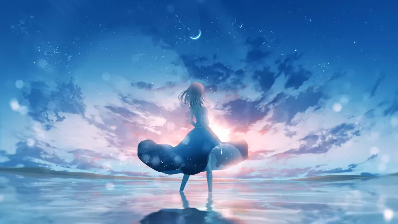 Anime girl, Dream, Happy girl, Moon, Crescent Moon, Girly backgrounds, Beach, Seascape, Ocean, Reflections