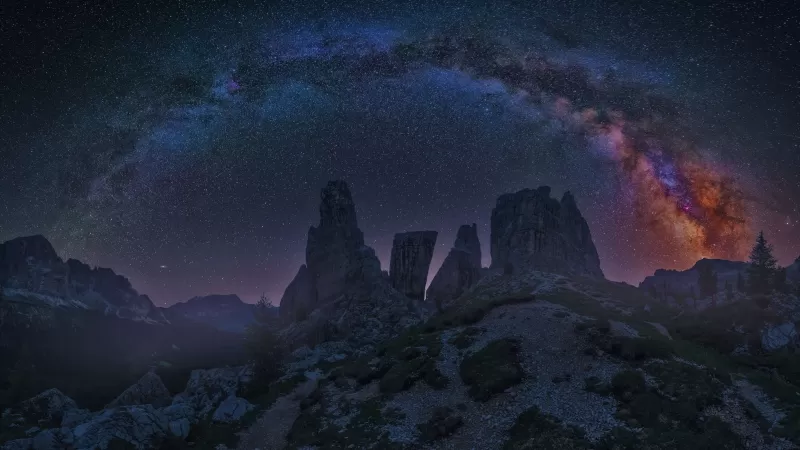 Dolomites, Mountains, Milky Way, Night, Starry sky, Dolomite mountains, Rocks, Italy, 5K, 8K