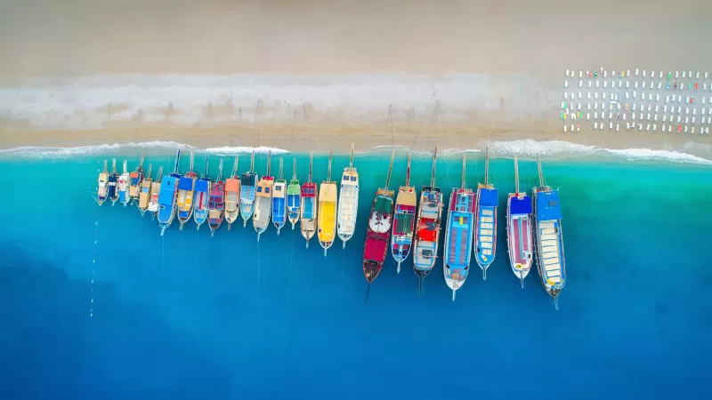 Boats, Beach, Aerial view, Aerial Photography, 5K