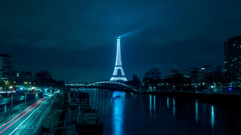 Eiffel Tower, Night, Paris, France, Reflection, River Thames, City lights, Night City