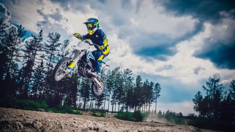 Husqvarna EE 5 wallpaper, Electric dirt bike, Motocross jump, Forest, Cloudy sky