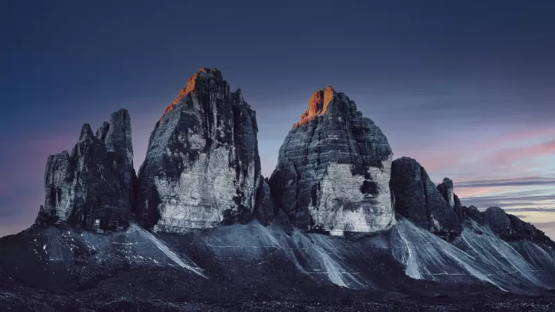 Three peaks of Lavaredo, Dolomite mountains, National Park, Italy, UNESCO World Heritage Site, Sunset, 5K