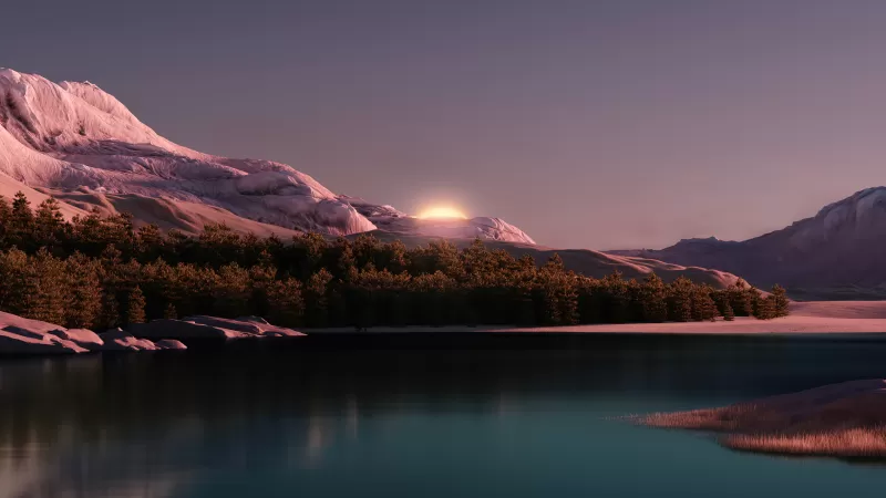 Landscape, Evening, Sunset, Forest, Mountains, Lake, Reflection, Windows 11