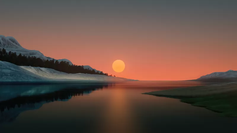 Sunset, Dusk, Lake, Reflection, Landscape, Windows 11