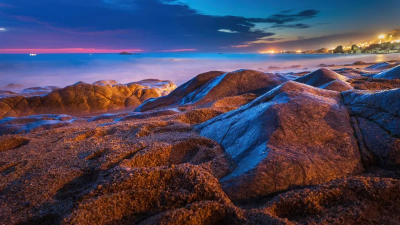Rocky coast, Beach, Night, Seashore, 5K, 8K