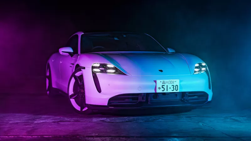 Porsche Taycan Turbo S, Neon light, 5K