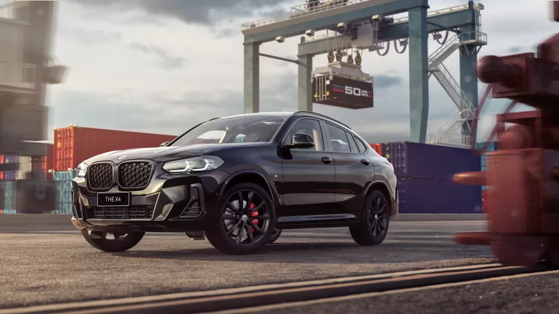 BMW X4 xDrive30d M Sport, 50 Years of BMW M, Black SUV, Container port, 4K wallpaper